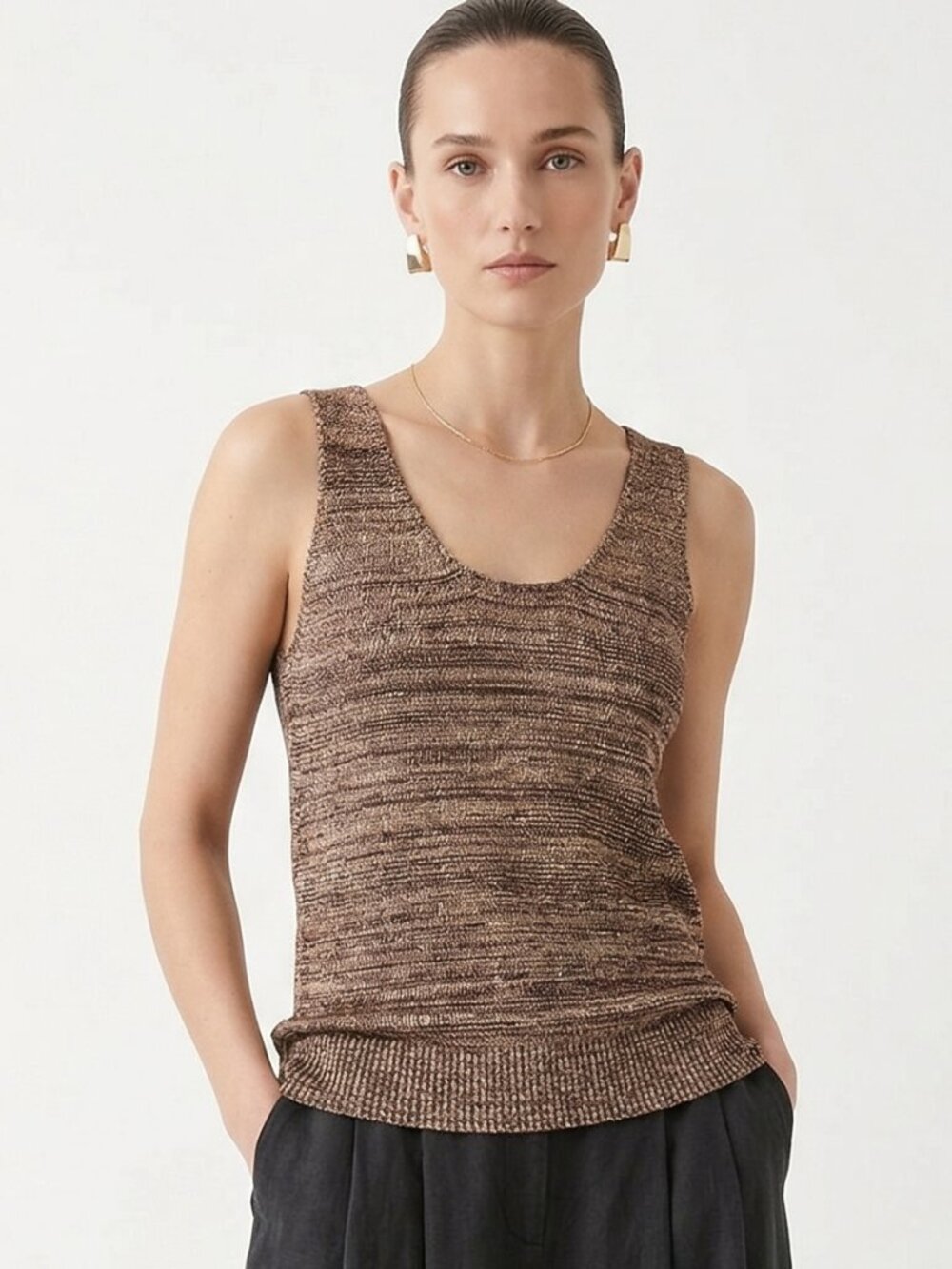 Chico's Tank Top Knit Metallic Brown Gold Marled Day to Night Crochet 1 (M)